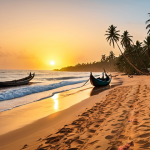 A breathtaking, panoramic view of a pristine Ghanaian Atlantic beach at golden hour. Gentle waves kiss the vast, golden sands, stretching endlessly under a sky painted with vibrant sunset hues. Graceful palm trees sway rhythmically in a soft sea breeze. A few brightly colored traditional fishing pirogues are gently resting on the shore, adding a touch of authentic local life to the overwhelmingly serene and untouched natural beauty, conveying a sense of profound peace and discovery.