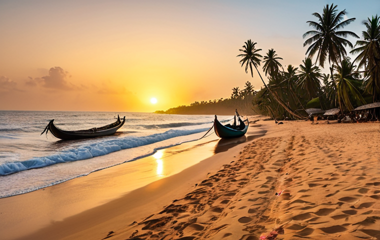 A breathtaking, panoramic view of a pristine Ghanaian Atlantic beach at golden hour. Gentle waves kiss the vast, golden sands, stretching endlessly under a sky painted with vibrant sunset hues. Graceful palm trees sway rhythmically in a soft sea breeze. A few brightly colored traditional fishing pirogues are gently resting on the shore, adding a touch of authentic local life to the overwhelmingly serene and untouched natural beauty, conveying a sense of profound peace and discovery.