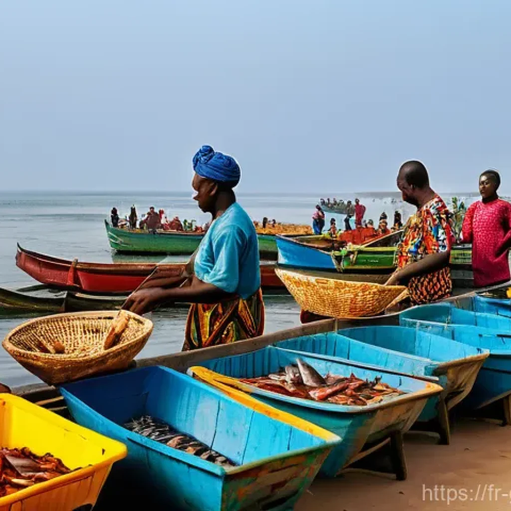 가나 어시장 체험기 - **Prompt:** A vibrant, bustling Ghanaian fish market scene at dawn. Fishermen, with weathered faces ...
