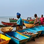 Home 4 가나 어시장 체험기 - **Prompt:** A vibrant, bustling Ghanaian fish market scene at dawn. Fishermen, with weathered faces ...