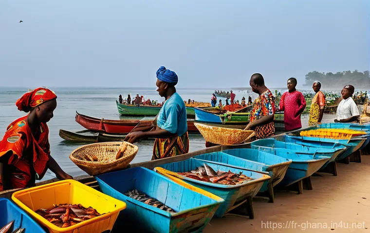 가나 어시장 체험기 - **Prompt:** A vibrant, bustling Ghanaian fish market scene at dawn. Fishermen, with weathered faces ...