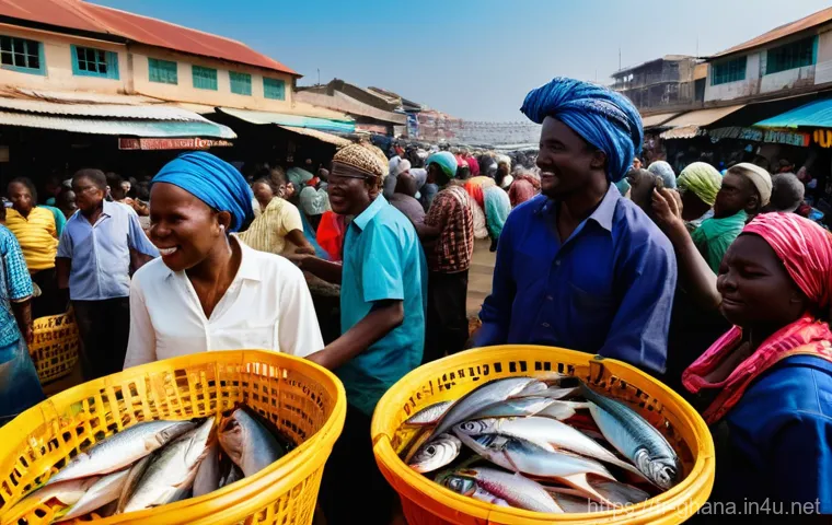 가나 어시장 체험기 - **Prompt:** A vibrant, bustling Ghanaian fish market scene at dawn. Fishermen, with weathered faces ... 가나 어시장 체험기 - **Prompt:** A vibrant, bustling Ghanaian fish market scene at dawn. Fishermen, with weathered faces ...