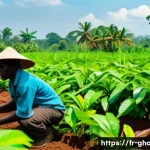Home 12 가나 주요 산업 및 수출 품목 - A vibrant Ghanaian cocoa farm scene during harvest season, featuring cooperative smallholder farmers...