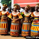 Home 17 가나 아프리카 전통 춤 종류 - A vibrant traditional Ghanaian dance scene during a cultural festival, featuring dancers wearing col...