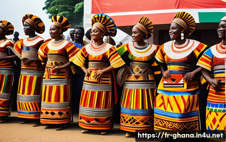 가나 아프리카 전통 춤 종류 - A vibrant traditional Ghanaian dance scene during a cultural festival, featuring dancers wearing col...