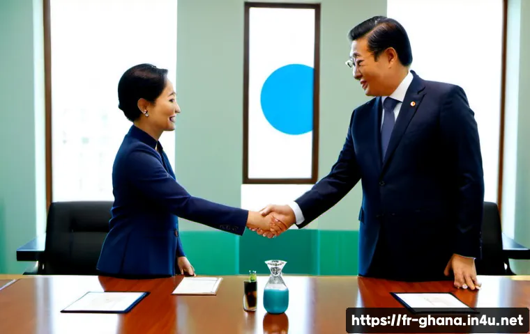가나와 한국의 외교 관계 - Photorealistic diplomatic meeting between Ghanaian and South Korean representatives in a bright Pari...