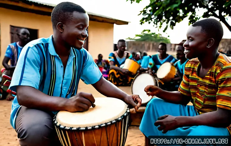 가나와 서아프리카 전통 음악 - Photorealistic documentary-style scene of Ghanaian traditional musicians performing outdoors in Accr...