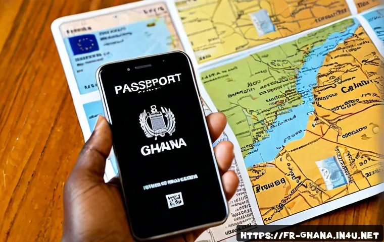 가나의 관광 비자 및 체류 허가 - Photorealistic travel visa preparation scene for a French-speaking traveler planning a trip to Ghana...